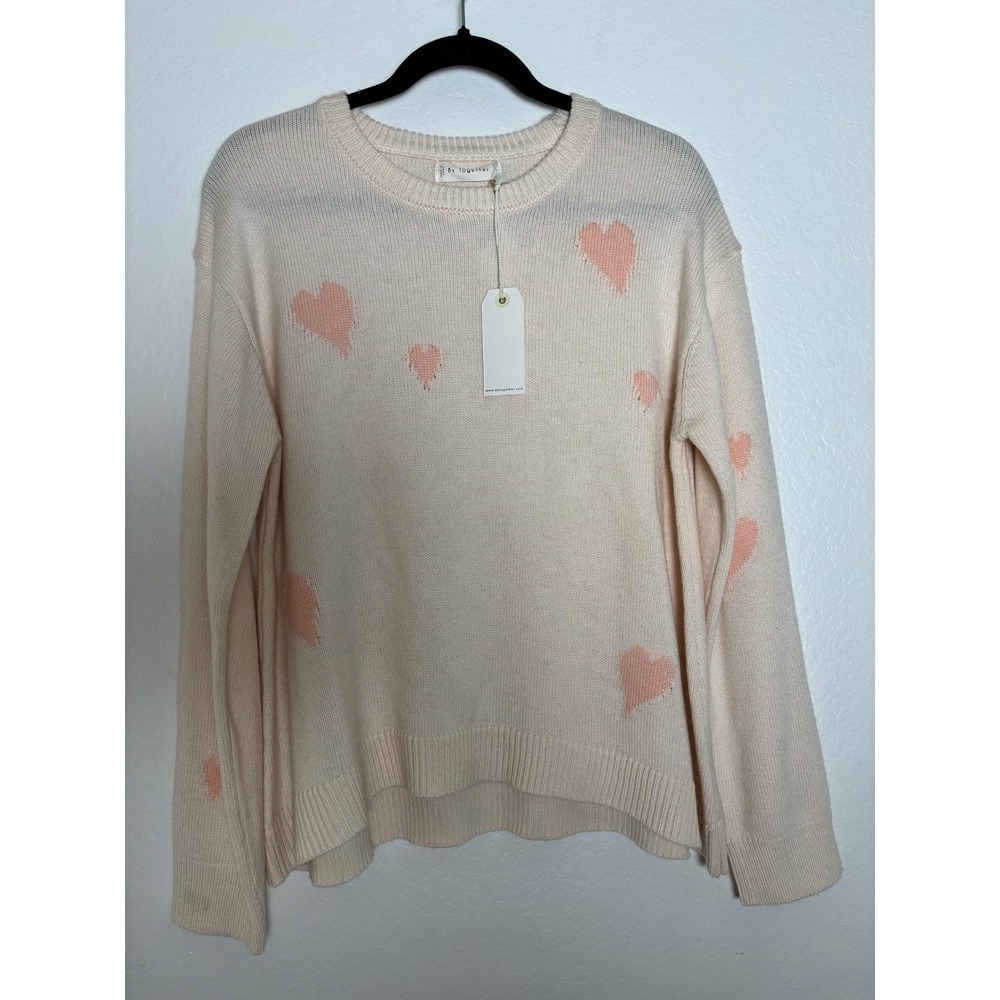 NWT Anthropologie- By Together Cream Sweater w/ Pink Hearts  Size S * Wool Blend - Picture 2 of 6